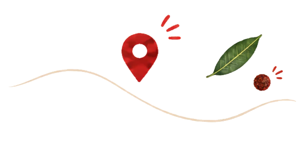 Pin lokasi merah, daun dan coretan laluan.